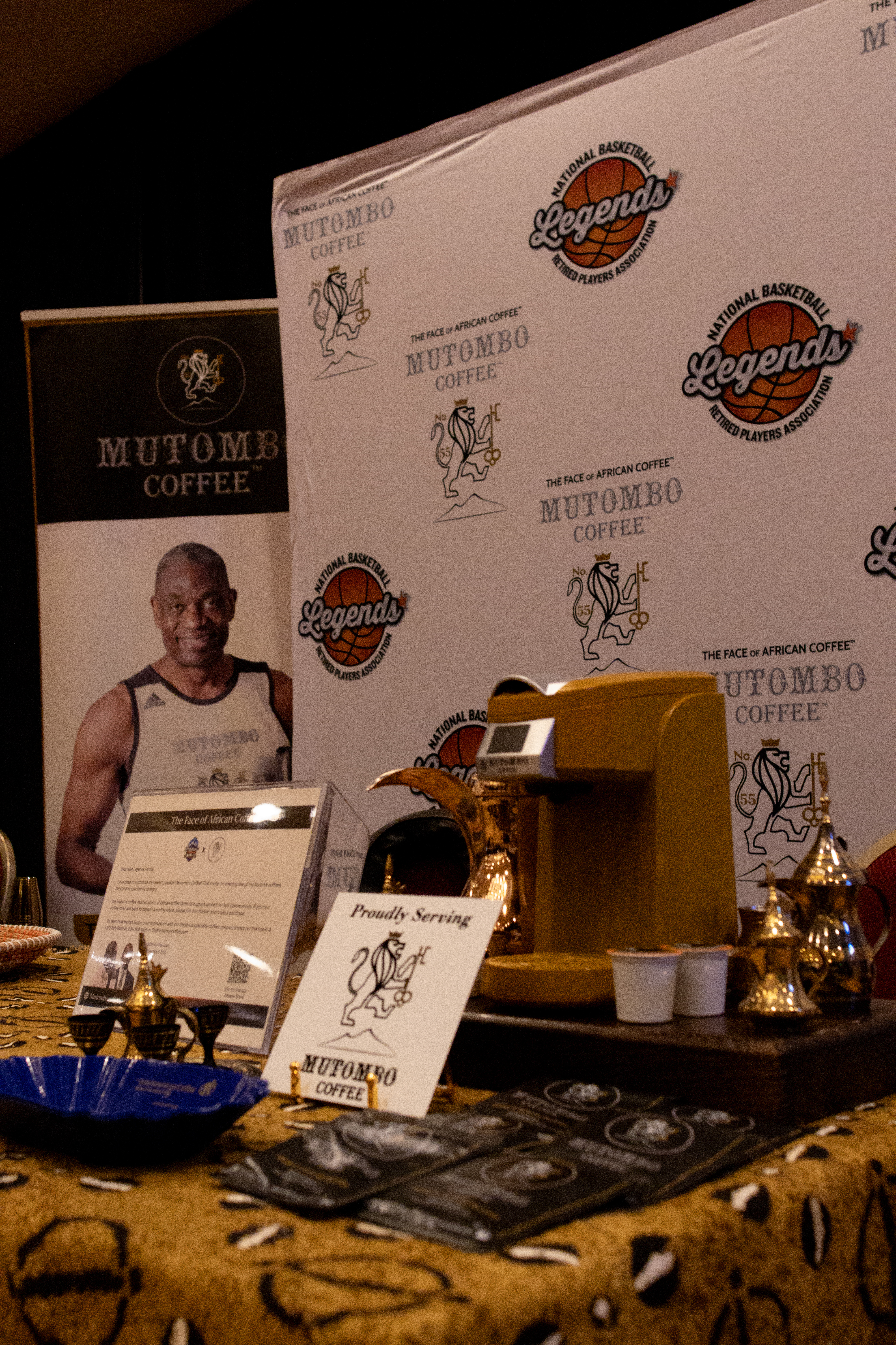 Mutombo Coffee booth setup at the NBA Legends Lounge